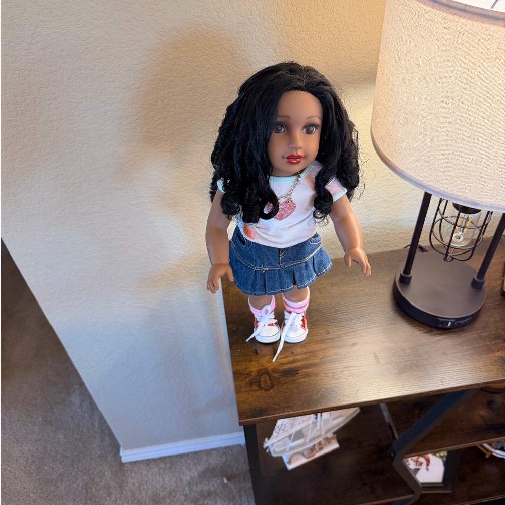 Charming Doll with Black Hair and Denim Outfit